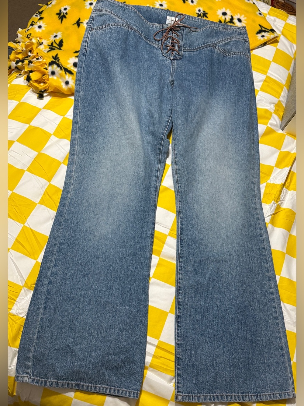 RARE Calvin Klein Y2K Med Wash Faded Lace-Up Rawhide Fly Western Yoke Flare 16